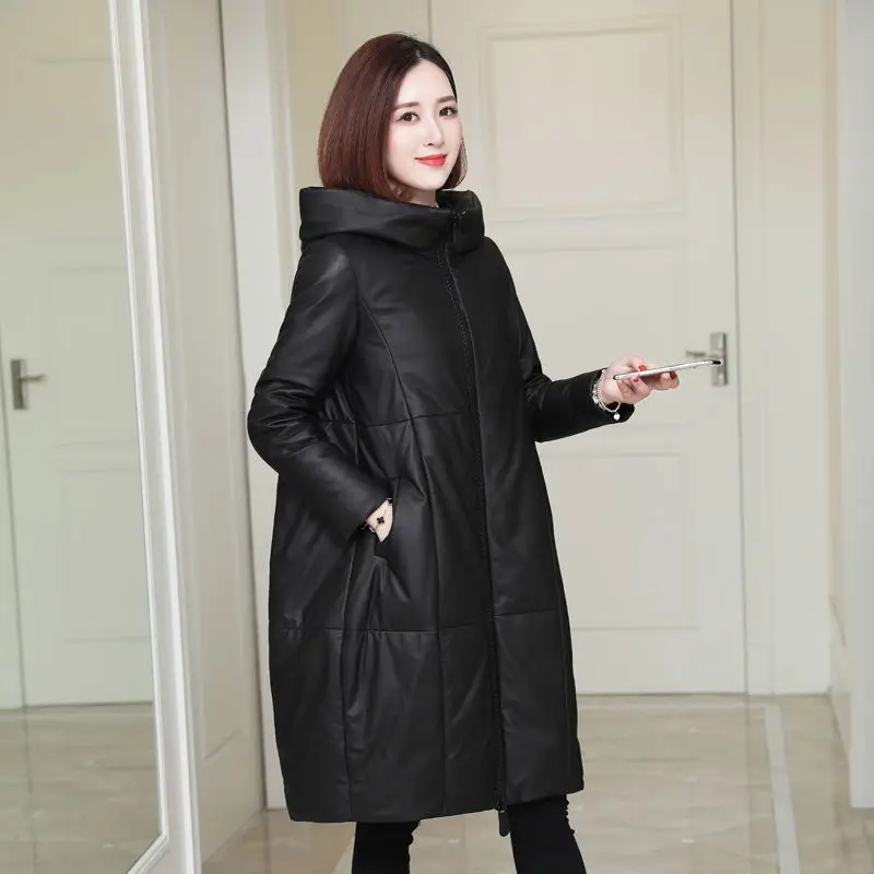 

2022 Winter New Woman PU Leather Parkas Female Fashion Solid Zipper Coats Ladies Elegant Thick Cotton Padded Jackets 3XL Q272