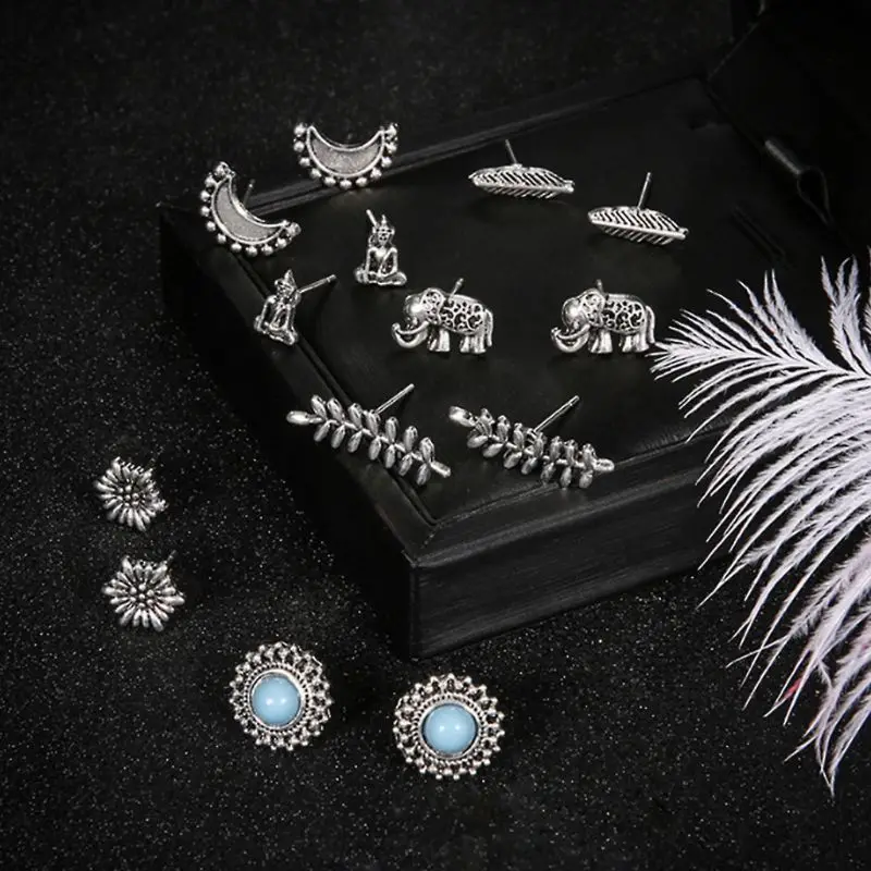 

7 Pair Ear Stud Vintage Moon Stone Bohemia Style Fashion Retro Jewelry Earrings
