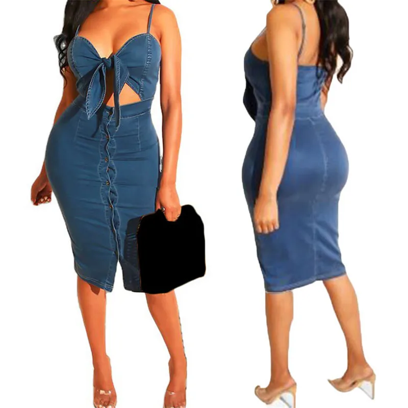 

KEXU Women Denim Dress Solid Strap Bandage Hollow Out Sexy Night Club Party Pencil Dresses Vestidos Summer Streetwear