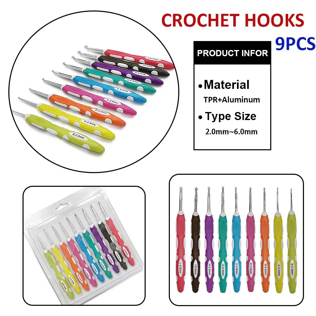 

9PCS Plastic Aluminum Crochet Hooks Yarn Knitting Needles Set Handle Knitting Hooks Needles Tools 2mm-6mm Crochet Sewing Craft
