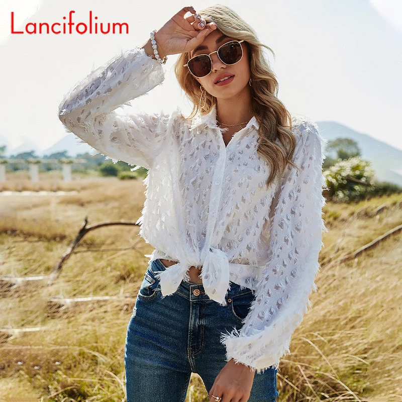 

2021 Summer Fall Women White Elegant Blouse Tops Button Up Long Sleeve Hollow Out Tassel Collared Harajuku Sheer Baggy Shirts
