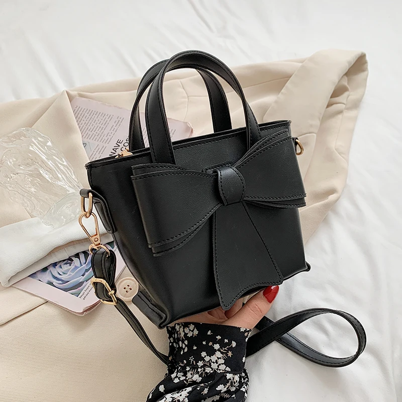 

Women Bucket Leather Crossbody Bags Pure Color Small Top-handle Shoulder Bag Female Trending Wild Messenger Bag Bowknot Handbags