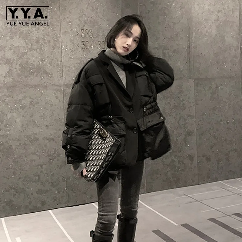

Female Down Coat Multi-Pockets Single-Breasted Spliced Suit-Collar Drawstring Korean Style Loose Jacket Women Streetwear Winter