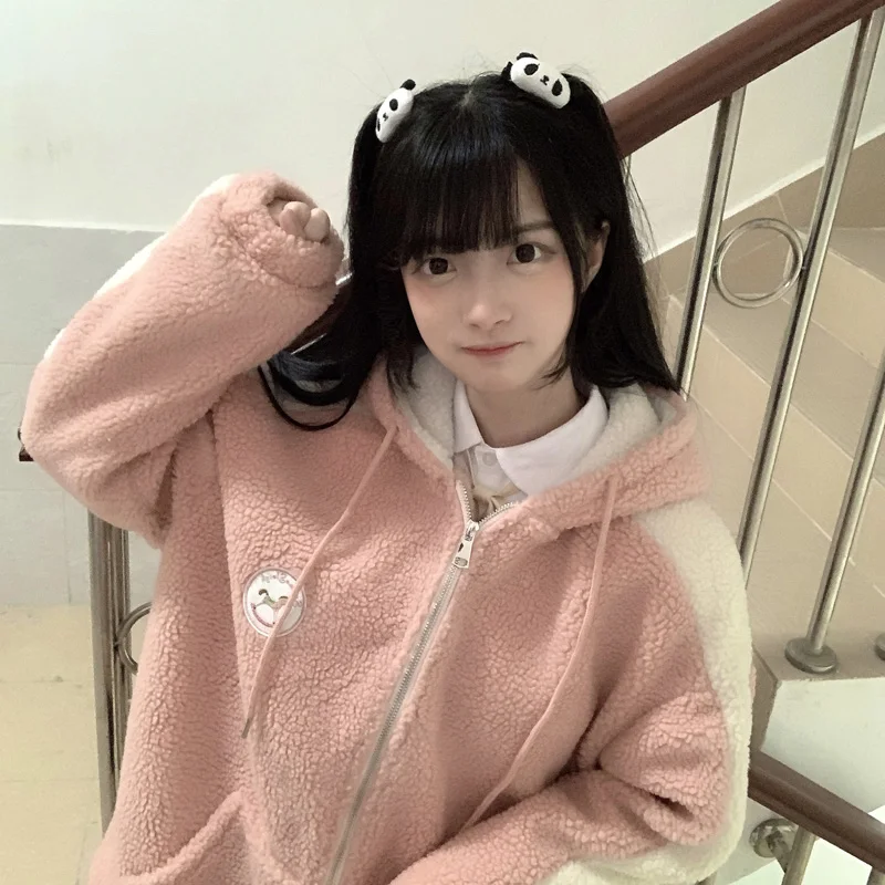Sweet Cute Kawaii Girl Lolita Jacket 2021 Winter New Warm Thick Zip Up Vintage Faux Fur Coat Pink Blue Loose Hooded Jacket Women