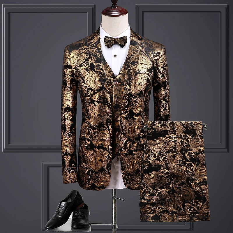 Азиатский размер люксовый бренд золотой Slim Fit Мужской s костюмы бутик цветы