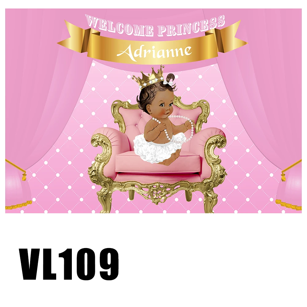 

Custom Baby Shower Backdrops Royal Pink Princess Golden Background Poster Photo Booth Portrait Cake Table Scene Setter Wallpaper