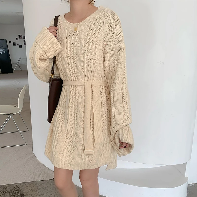 

2020 Женский пуловер, свитер с поясом, Свободный корейский Зимний Топ, длинный пуловер, вязаный пуловер оверсайз, пуловер в стиле Харадзюку