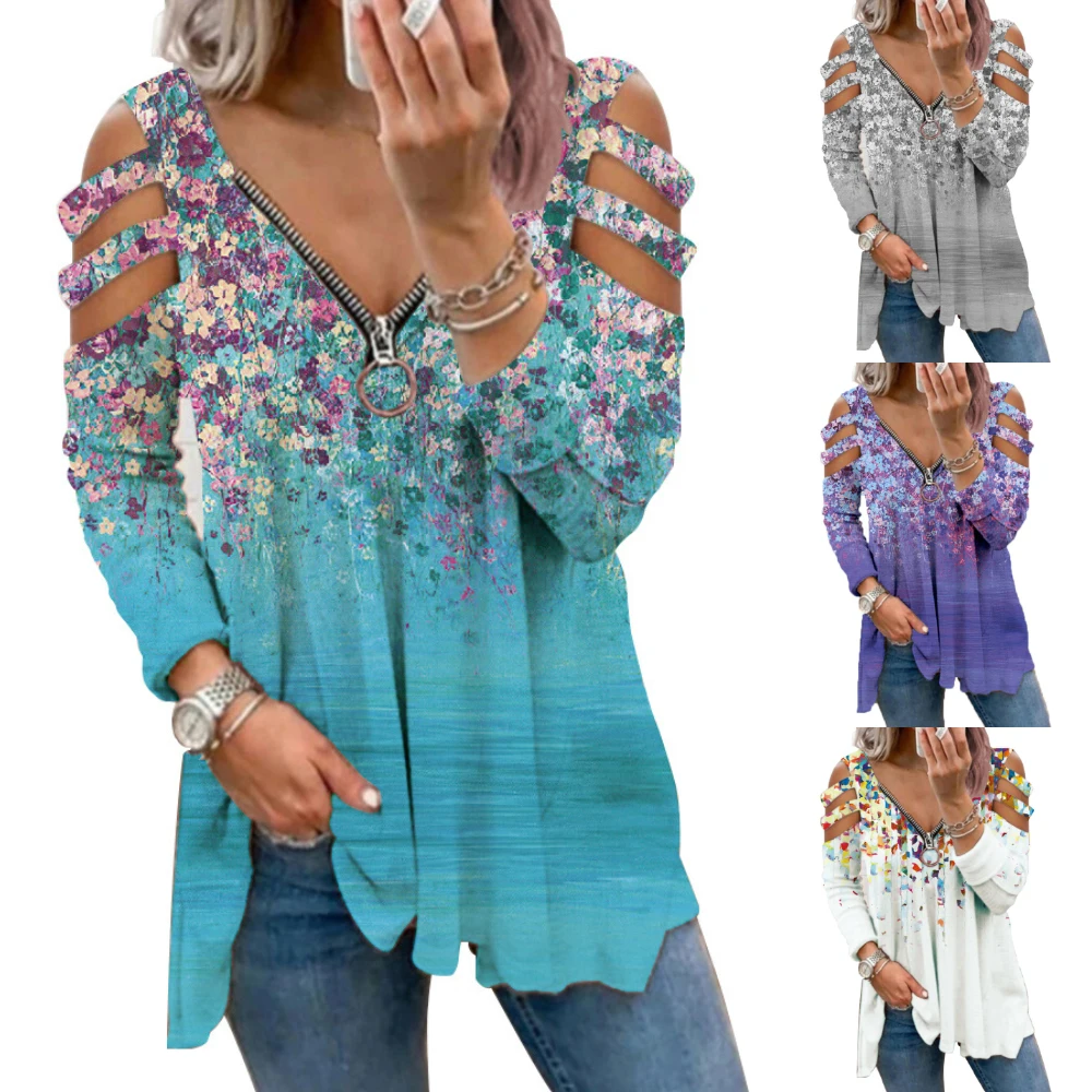 

Zipper Neck Tees Shirts Tie Dyed V-neck Strapless Sexy Tops Autumn T-Shirt Women T-Shirt Clothes for Women