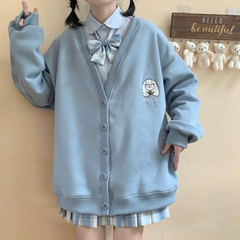 

fashion Cardigan sweatshirt female autumn Japanese soft girl cute lamb student Korean loose all-match jacket coat college style