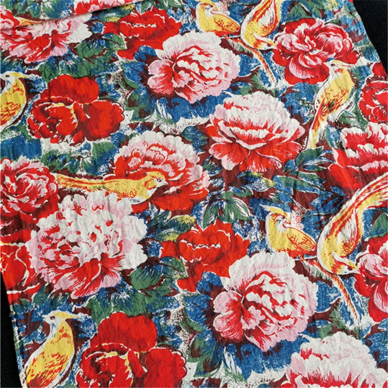 

NW76 Big Bird Flower Red/Blue 100% Cotton Manual Weaving Fabric Handicraft Printing And Dyeing Coarse Fabric Decoration Clothes