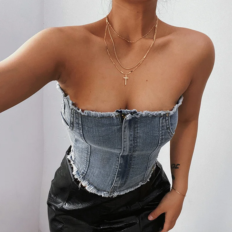 

XUXI Fashion Stitching Denim Wrapped Chest Vest Women's 2021 Summer New Slim-fit Strapless Top E2577