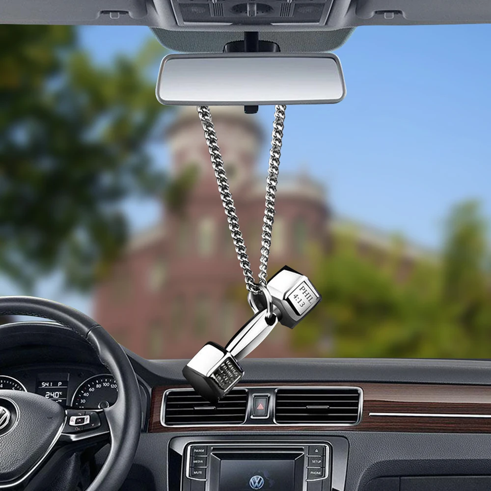 

Car Accessories Pendant Mini Dumbbell Metal Auto Rear View Mirror Decoration Hanging Pendant Interior Ornament Creative Gifts