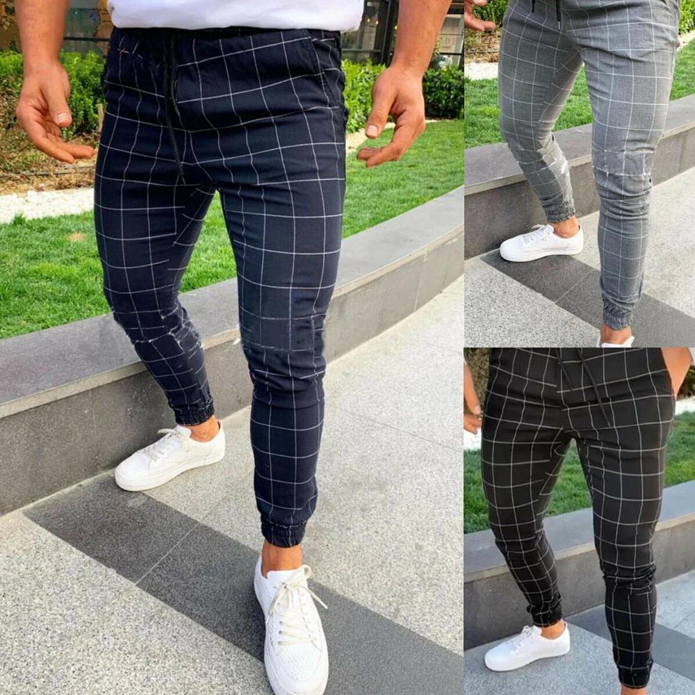 Модные мужские клетчатые брюки карандаш спортивные эластичные длинные на шнурке