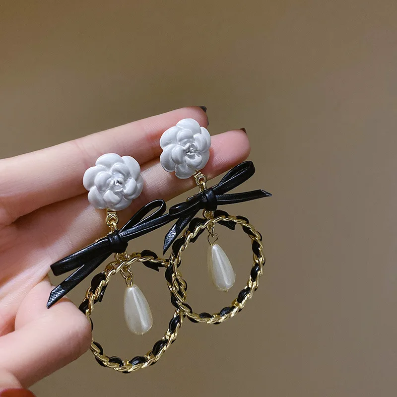 

925 Silver Needle Long Leather Bow Earrings