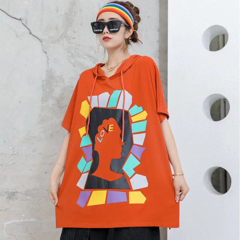 

IEQJ Green Daliy Casual Contrast Print T-shirt Loose Hooded Sweatshirt New Short Sleeve Women Big Size Fashion Summer 3F0093