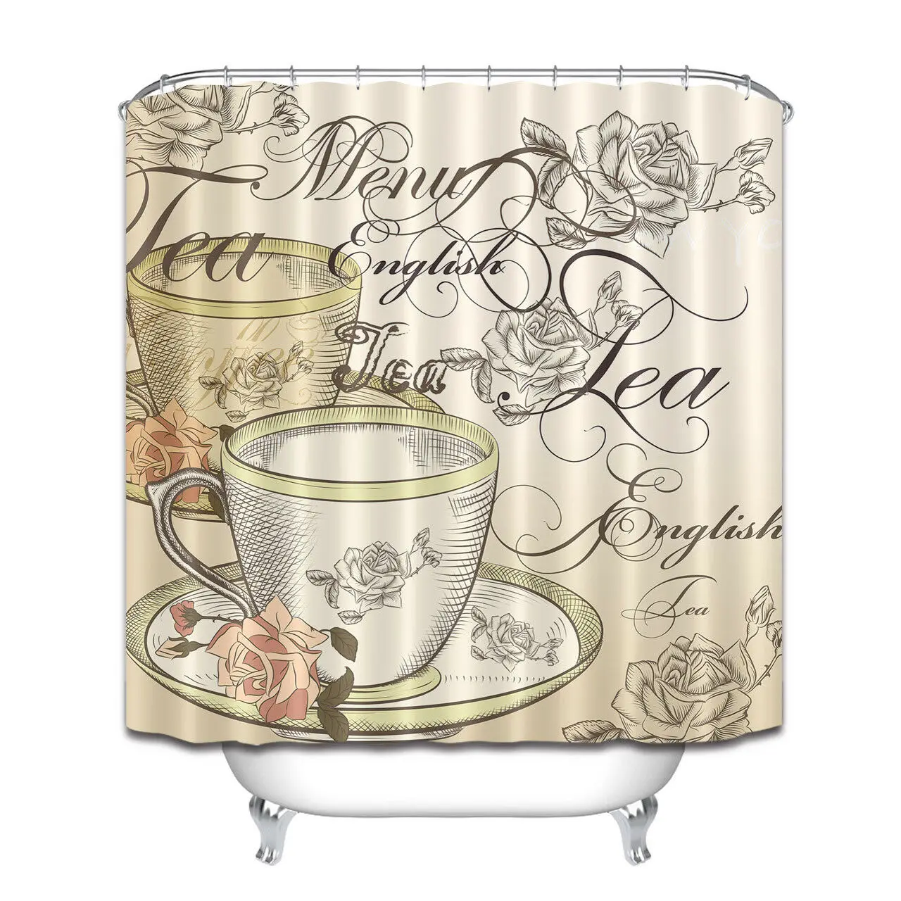 

Hand-drawn Teacup Rose Shower Curtain Liner Bathroom & Hooks Polyester Fabric