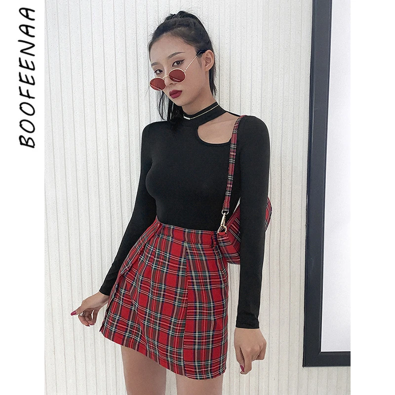 BOOFEENAA открытая футболка с круглым вырезом длинным рукавом женские черные