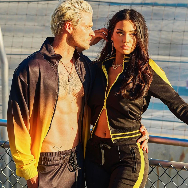 

Men's stand collar sportswear suit polyester fiber zipper breathable sportswear new series gradient 2021