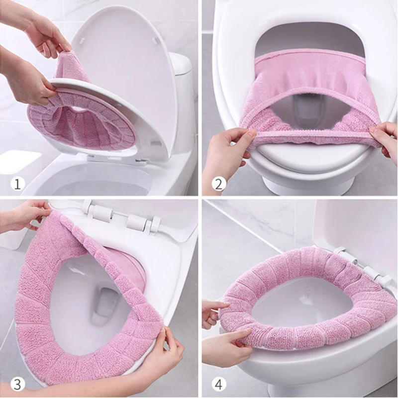 

Winter Warm Toilet Seat Cover Closestool Mat 1Pcs Washable Bathroom Accessories Knitting Pure Color Soft O-shape Pad Bidet Cover