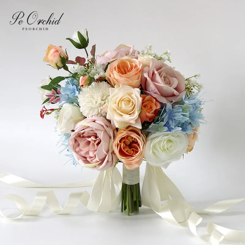 

PEORCHID Roses And Peonies Wedding Bouquets Silk flower Decoration 2020 Colorful Pink&Blue Bridal Holding Bouquet