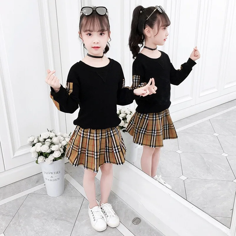 

4-14 years old girl clothing 2 piece hoodie fashion girl knit striped sweater crewneck baby sweater set, children's clothing