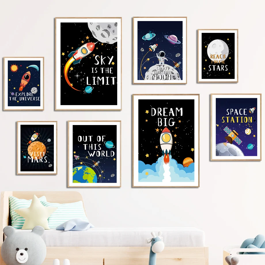 

Astronaut Rocket Mars Moon Cartoon Solar Planet Art Canvas Painting Nordic Posters And Prints Wall Pictures Kids Room Baby Decor