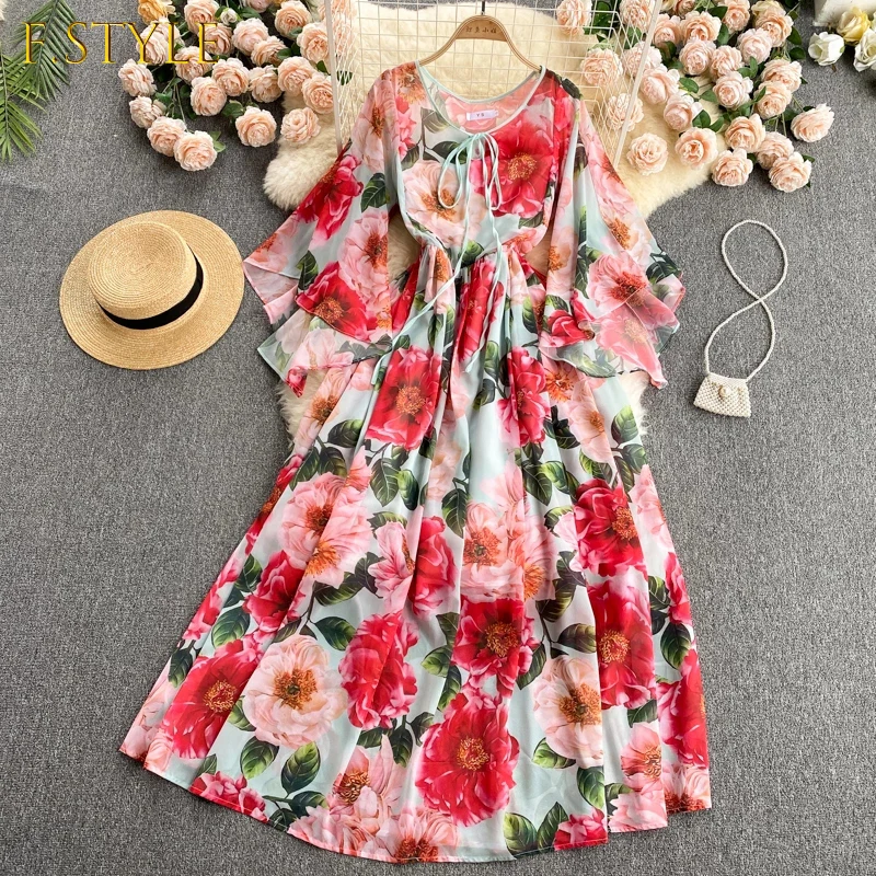 

Fashion Women Dress Printed Summer New 2021 Flare Sleeves Ladies Chiffon Dress Europe Seaside Women Clothing