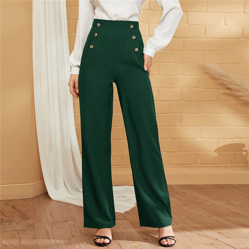 SHEIN Green двубортные прямые однотонные длинные брюки женские осенние с высокой талией прямые элегантные офисные платья Брюки
