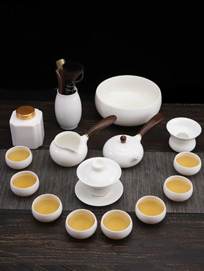 

Suet jade kung fu tea set Dehua white porcelain teacup household living room office teapot set