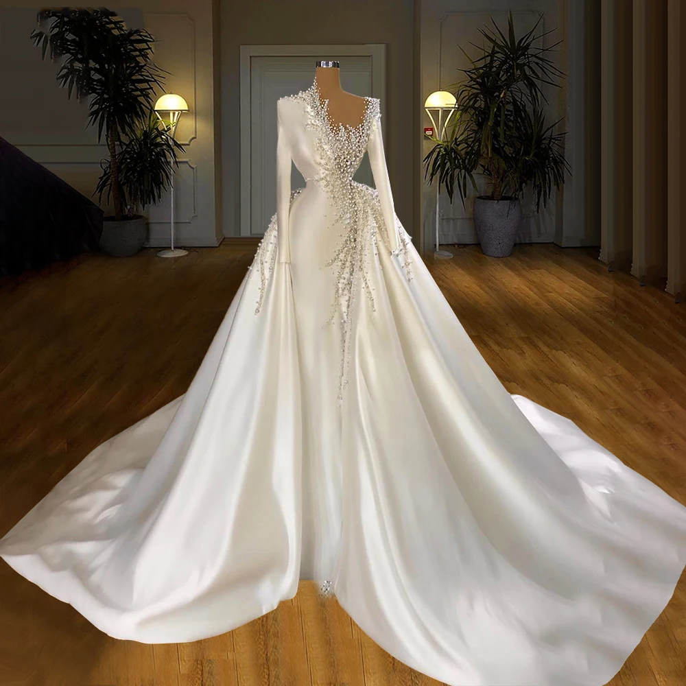 Satin Beaded Pearls Wedding Dresses With Detachable Skirt Long Sleeves Bridal Gowns Formal Bridegroom 2023 Vestidos De Novia