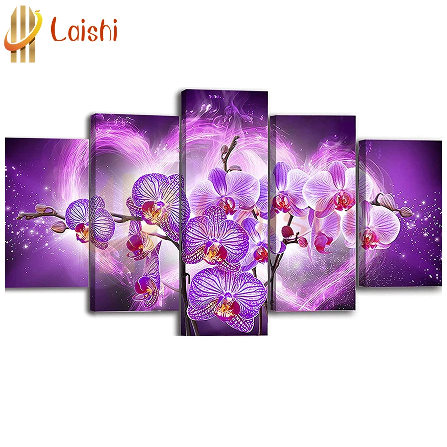 

5pcs home decoration Purple Phalaenopsis diamond painting full drill square round diamond embroidery diamond art cross stitch
