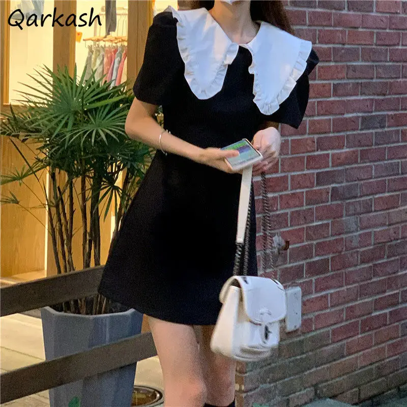 

Милое мини-платье с коротким рукавом, женское ТРАПЕЦИЕВИДНОЕ платье принцессы с круглым воротником и высокой талией, шикарное Элегантное Ч...