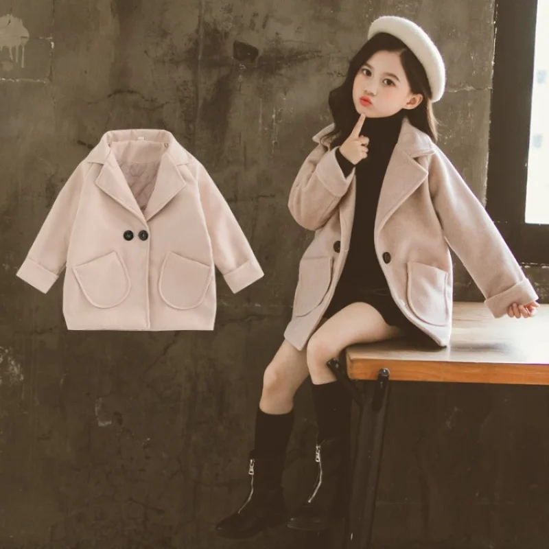 

Детское пальто для девочек, куртка, верхняя одежда, свободная утепленная шерстяная ткань, теплая зимняя осенняя куртка, детская одежда, 2021