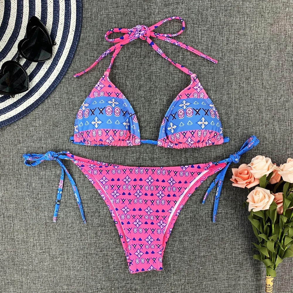 Модный сексуальный комплект бикини с низкой талией, цветочный принт, бикини с оборками, женский купальник, женский купальник, Бразильский бикини