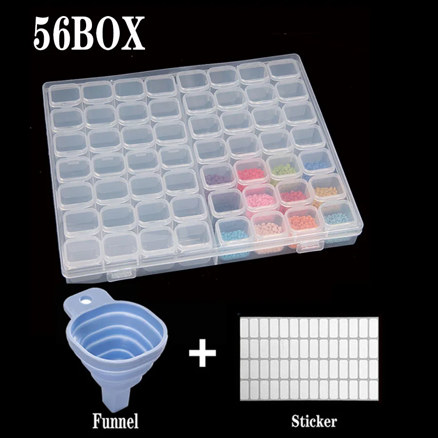 

56/28 Cells Plastic Storage Box Stickers Funnel Sets for Diamond Painting Embroidery Accessories Tools Container Box Holder