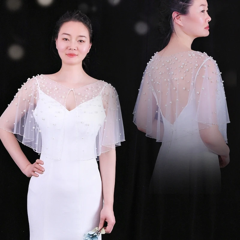 

Bridesmaid Capelet Shrug for Party Evening Wedding Wraps Tulle Capes Pearl Beads Shawls with Delicate Beads Embroidery