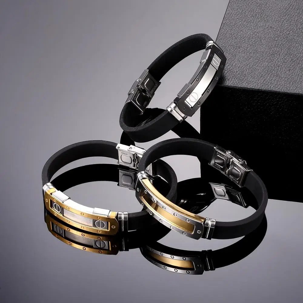 

2020 fashion jewelry, vintage black rubber bracelet, silicone stainless steel bracelet for men, women's bracelets, bracelets for