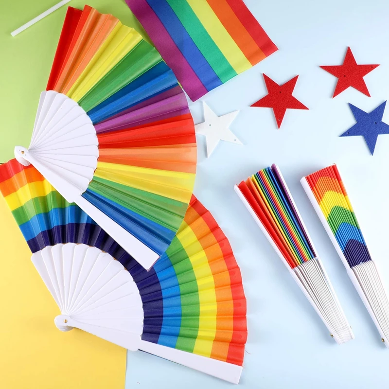 

Hot 21CM/23CM Colorful Unique Rainbow Hand Fan Bamboo Dacron Fan Natural Bright Color Home DIY Party Decoration Z