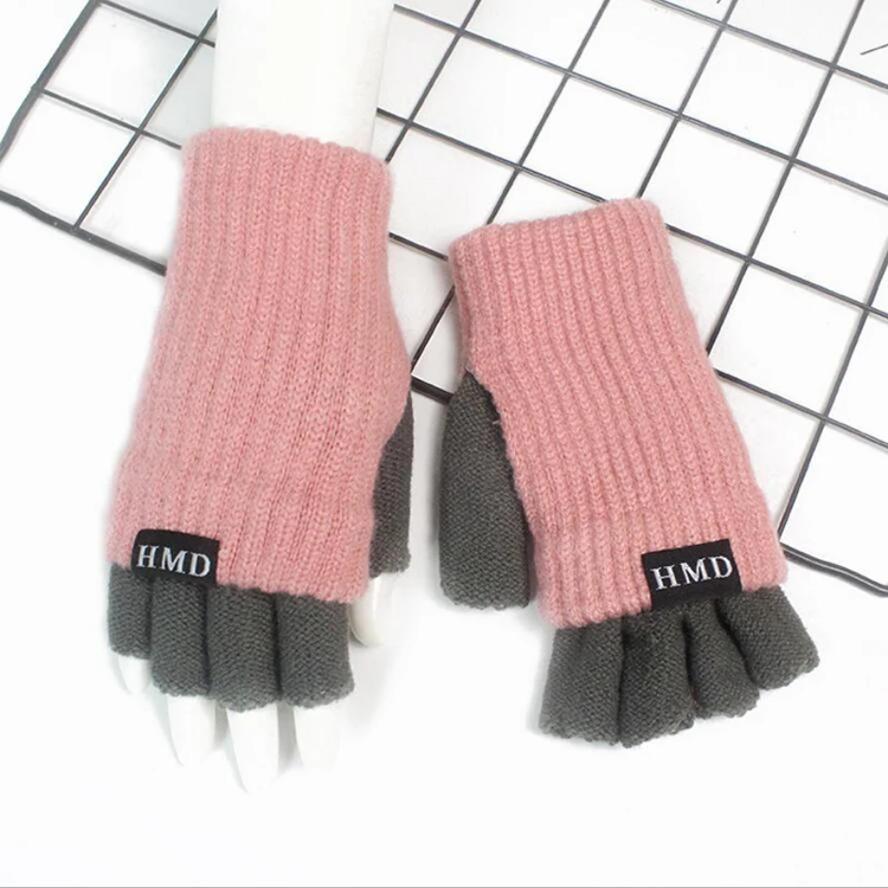 PInk Женские вязаные теплые Утепленные перчатки без пальцев, зимние перчатки, аксессуары для девочек, двухслойные варежки - Цвет: PInk