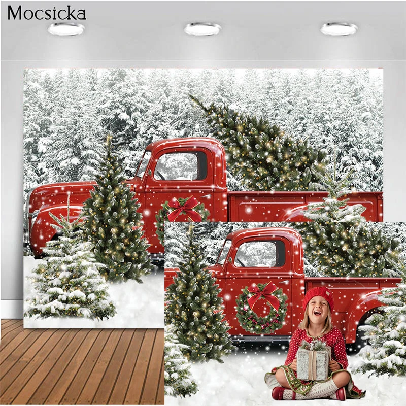 

Christmas Red Truck Backdrop Winter Wonderland Snowy Forest Tree Photography Newborn Kids Birthday Portrait Background Studio