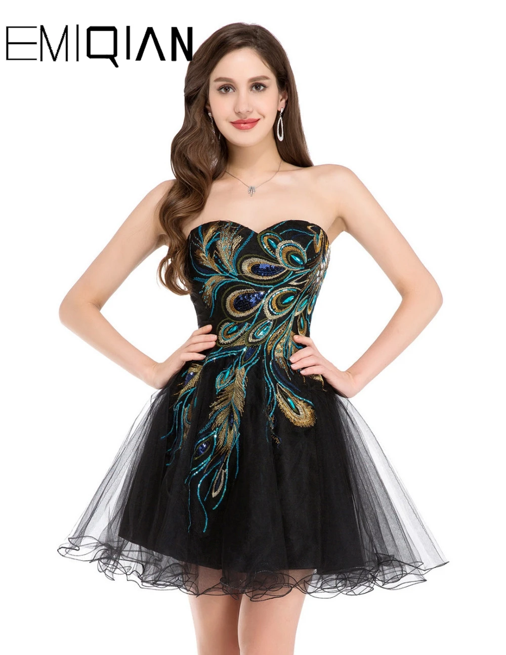 Дешевые в наличии милое коктейльное платье с вышивкой павлина короткое для
