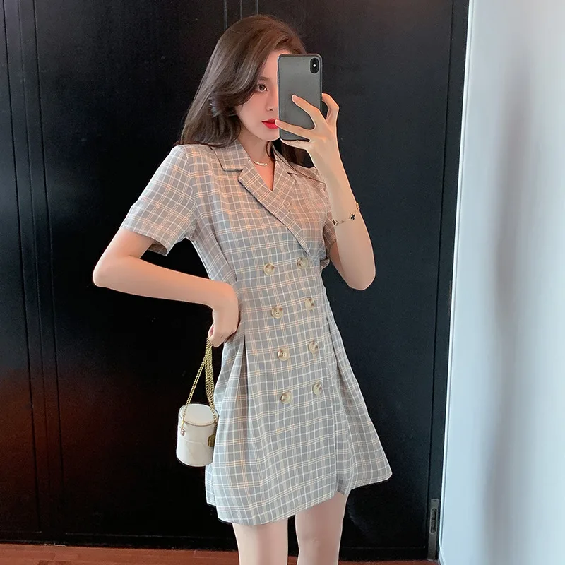 

Wimilous Women's Dress summer New slim suit collar dress age reduction French small design sense Plaid skirt female
