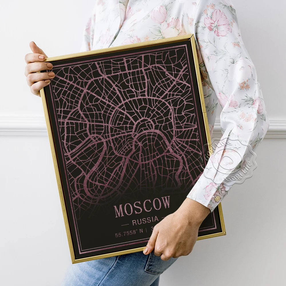 

World Tourist City Attractions Creative Map Poster, Moscow Russia Fluorescence Lines Canvas Painting, Dark Background Art Prints