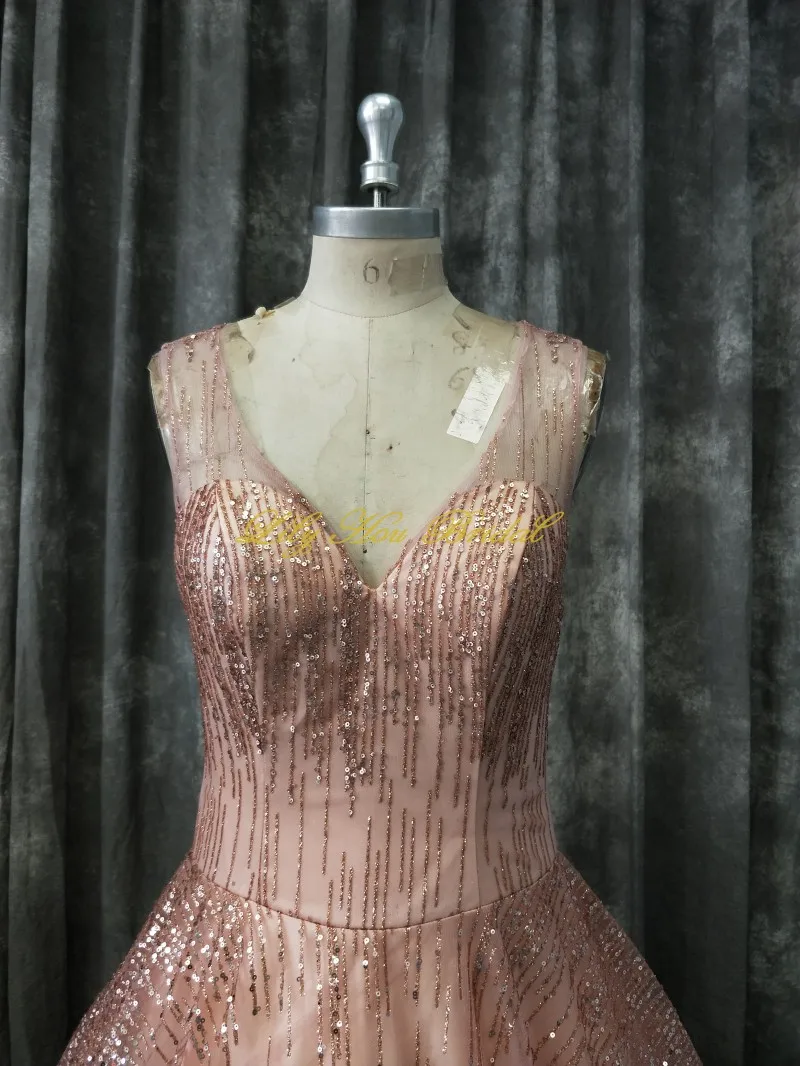 Sparkly Sequined Prom Dress Real Sample V Neck Sleeveless Open Back Lace up Party Gown