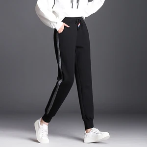 Женские свободные шаровары OUMENGKA, черные повседневные Утепленные длинные брюки с высокой талией, однотонные зимние шаровары, размеры до 5XL, 2020