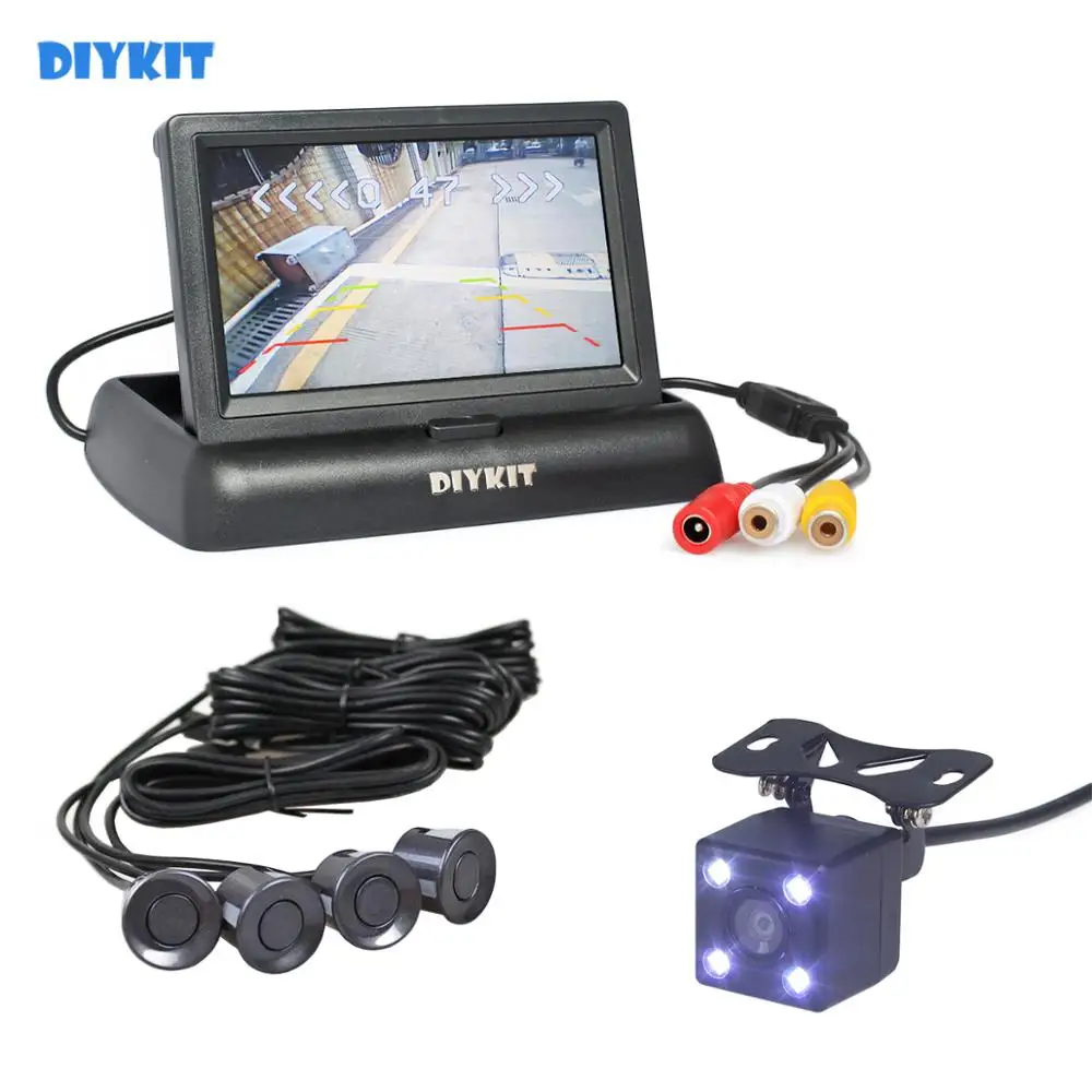 DIYKIT 4 x датчики 4,3 дюймов складной автомобильный монитор заднего вида комплект+ 4 парковочных радара+ камера заднего вида видео-радар для парковки