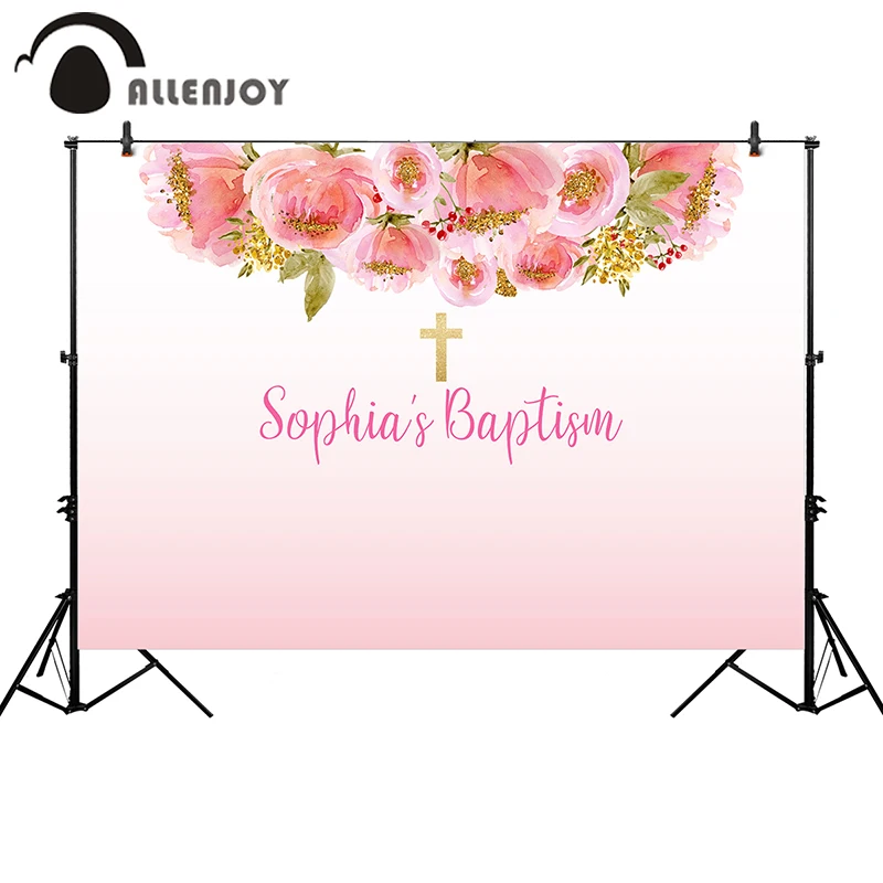 Allenjoy Child Baptism Wallpapers Flowers Leaves Cross Pastel Watercolor Photozone Supplies Baby Shower Party Backgrounds Decor
