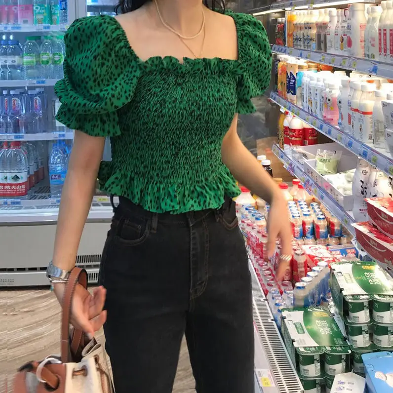 

Shirt design summer 2021 new French bubble sleeve square neck short dress