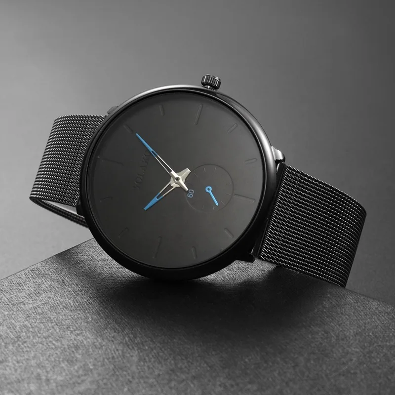 Мужские повседневные тонкие черные наручные часы из сетчатой стали спортивные