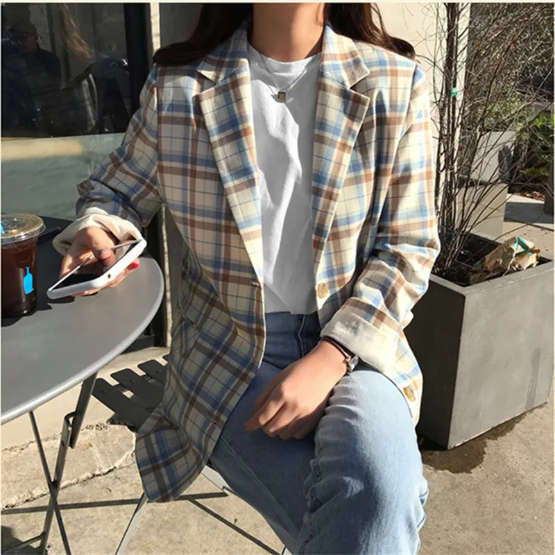 

High-End British Style Ladies Casual Loose Long-Sleeved Plaid Suit Jacket Single-Breasted Spring New Style 2021